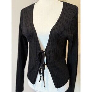 Juniors Knit Black Cardigan Sz L Tie Front Y2K Romantic Feminine Cottagecore